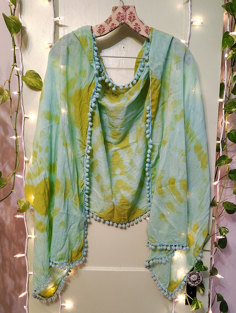 Natural Life Live Love Laugh Tyde Dye Green Blue Scarf Shaw Wrap 80" × 26"